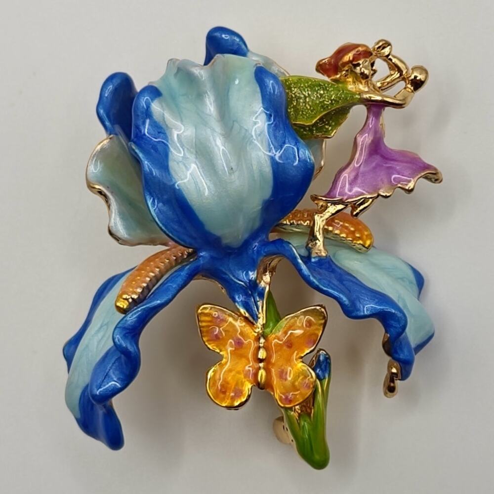 Floral Iris Brooch Blue Enamel W/ Fairy and Butterfly Gold Tone Metal Beautiful